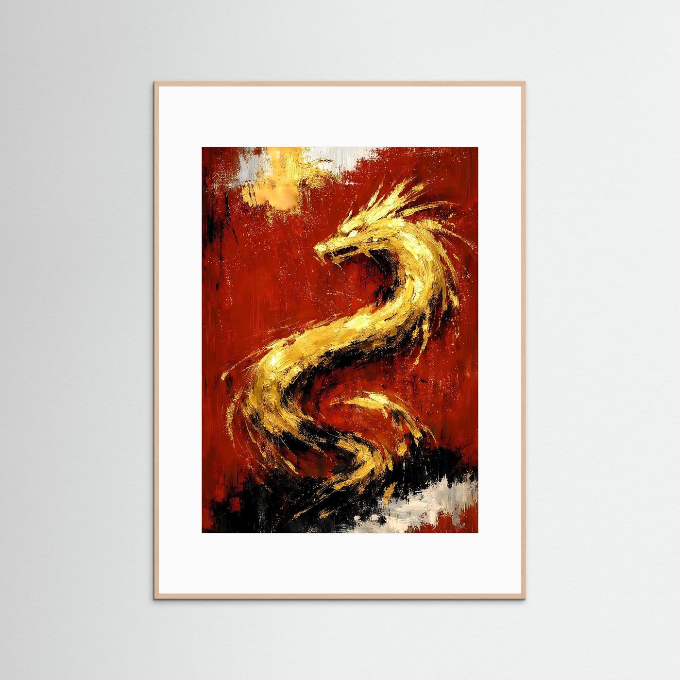 Drachenposter Hochformat, weißer Rahmen; goldgelber Drache auf rubinrotem Grund, schwarz