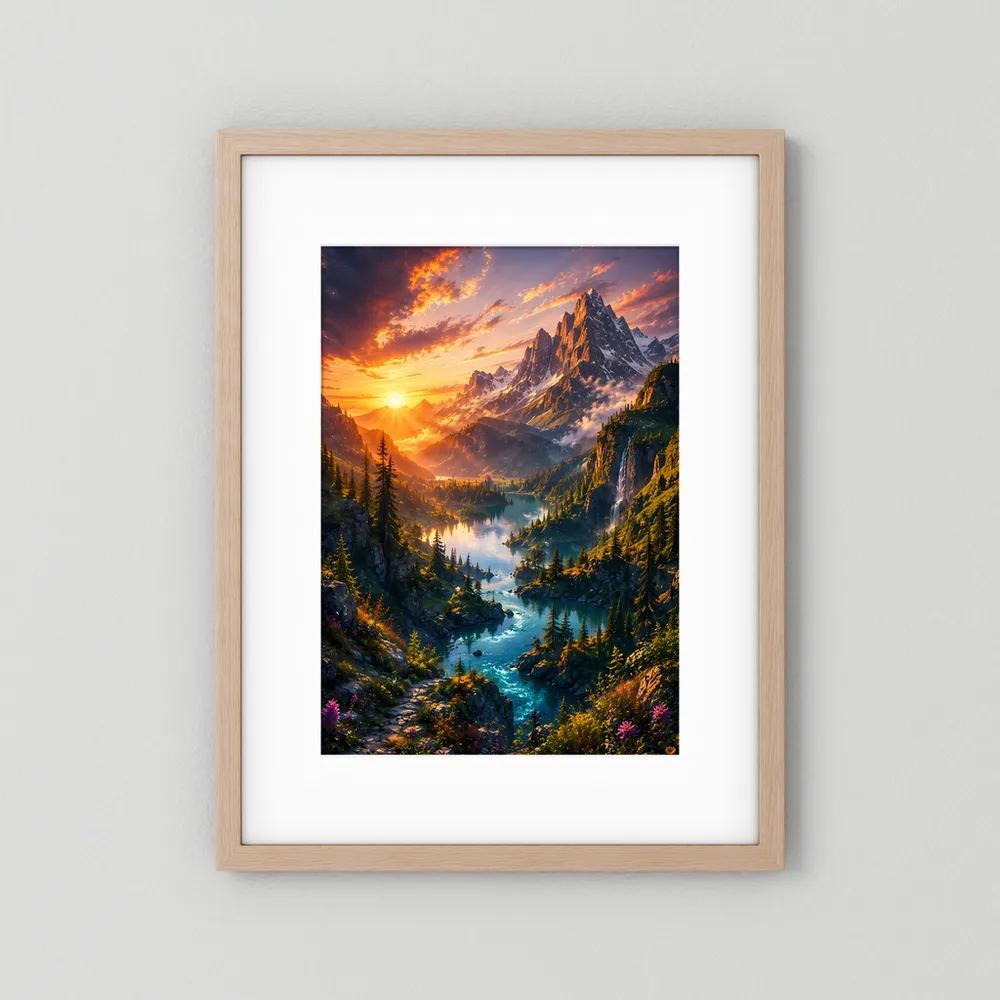 Hochformat-Poster mit hellem Holzrahmen und weißem Passepartout, Berglandschaft bei Sonnenaufgang