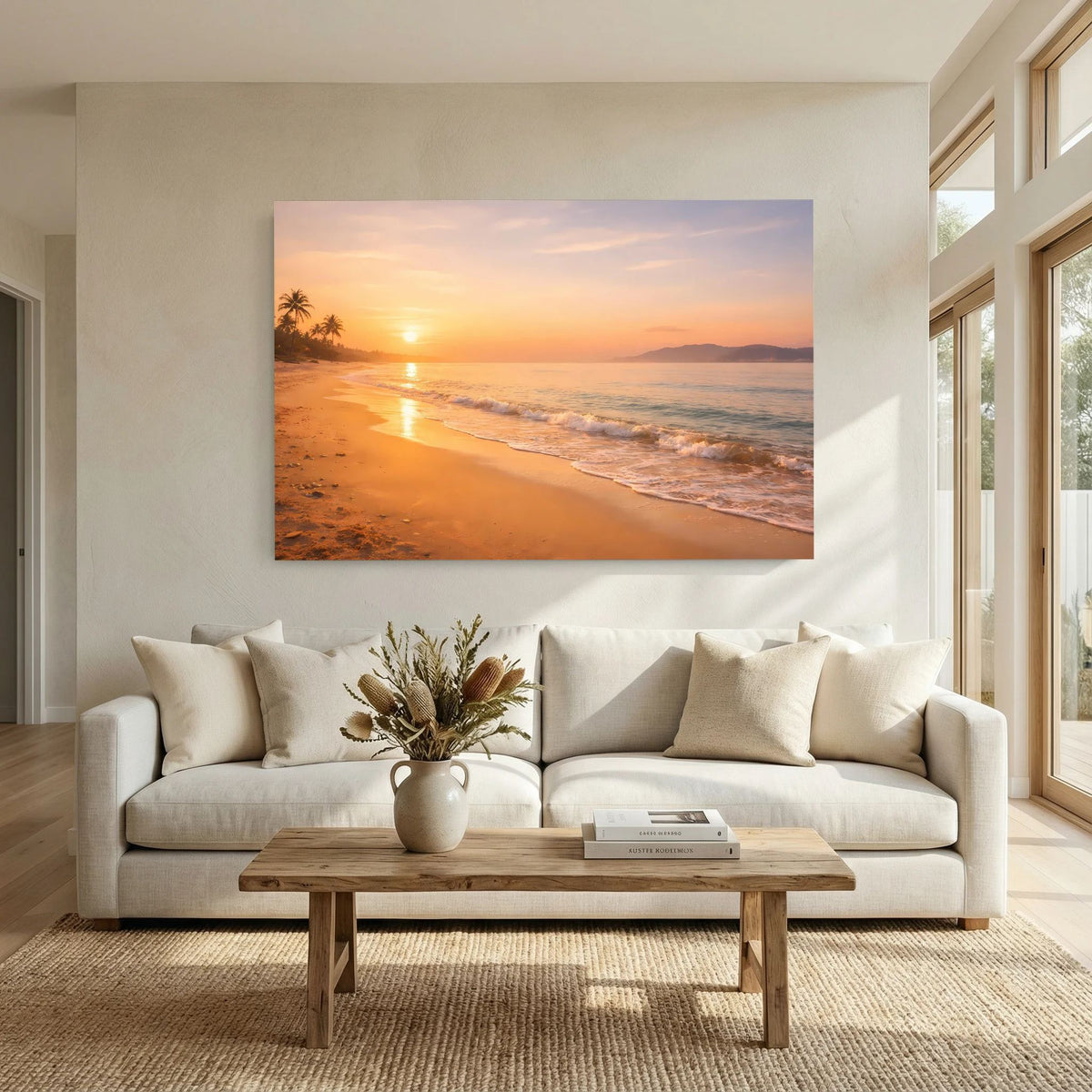 Wandbild Querformat: Strandlinie, Meereswellen und Sonnenuntergang am Horizont