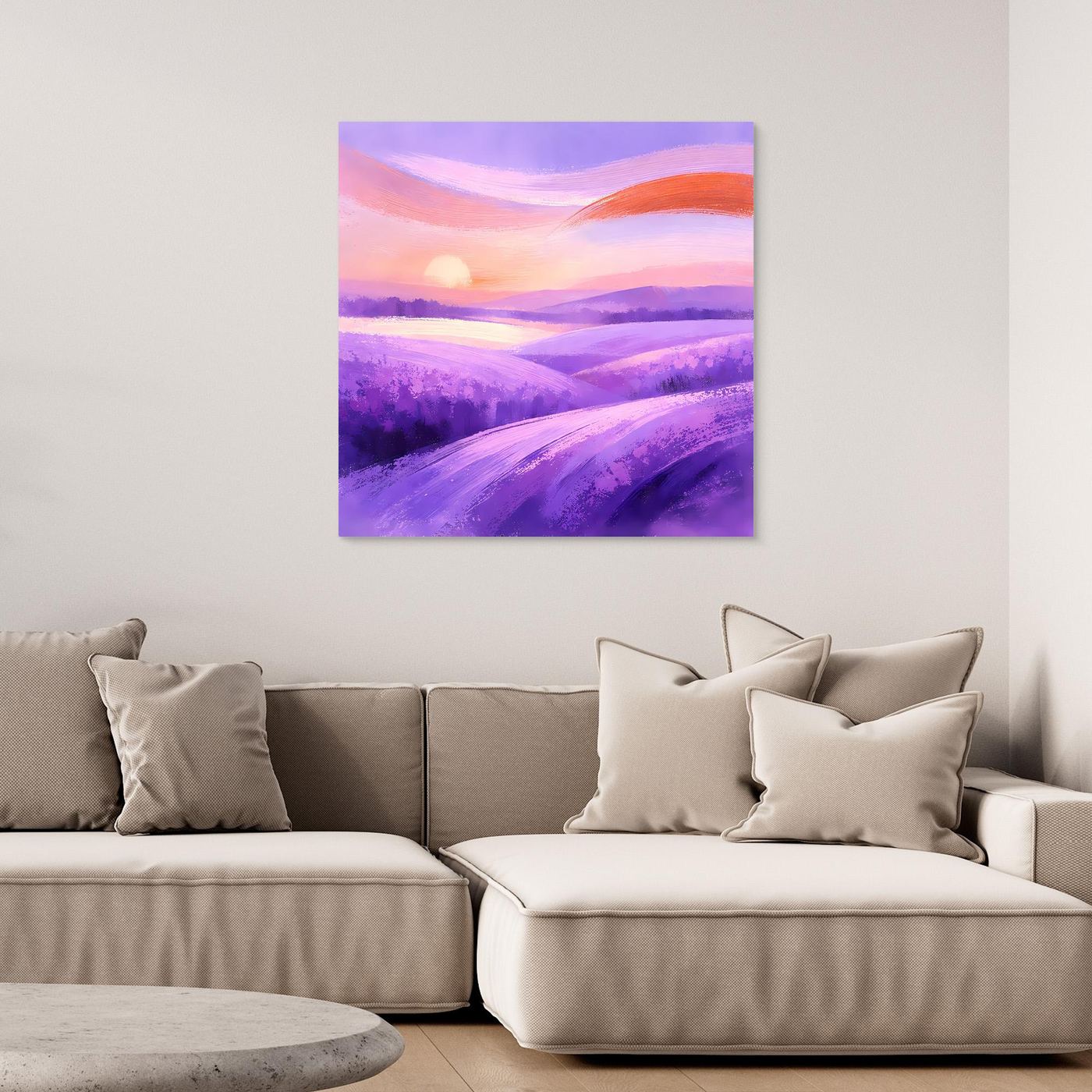 Quadratisches Leinwandbild mit abstraktem Lavendelfeld, violett-orangenem Landschaftsverlauf