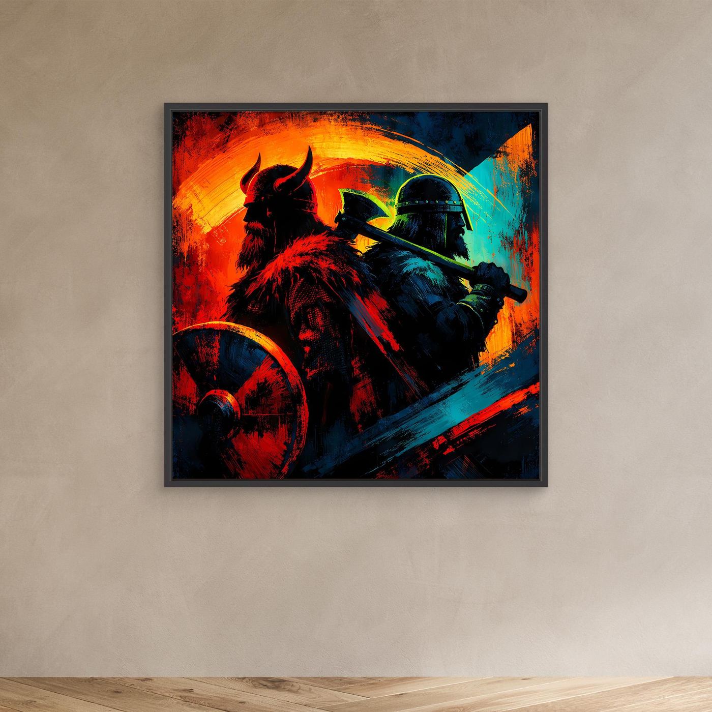 Leinwand-Wandbild im schwarzen Rahmen mit Wikingerkrieger, Helm und Axt, starke Farbflächen