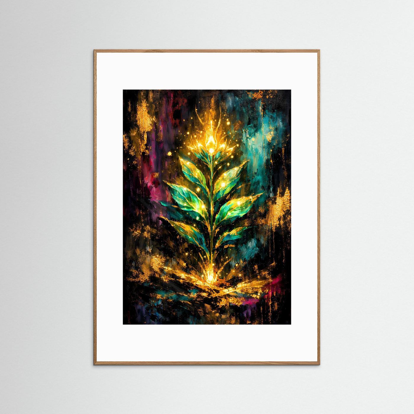 Poster im warmbraunen Holzrahmen mit abstraktem Pflanzenmotiv, goldene Lichteffekte und bunte Blätter
