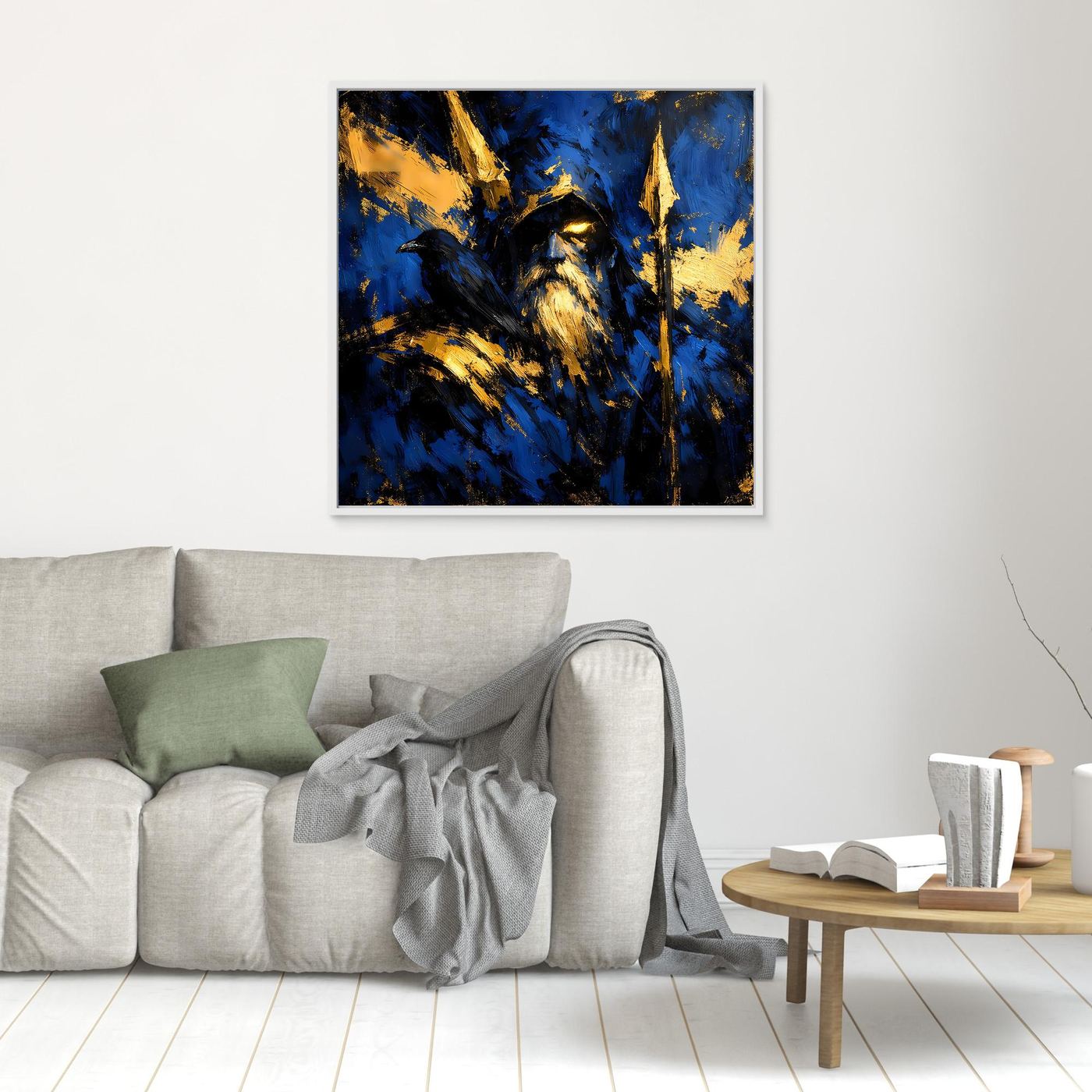 Leinwand Odin der Allvater in Blau und Gold | Modernes Nordische Mythologie Wandbild mit Rabe
