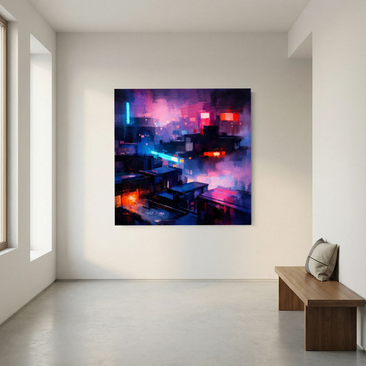 Wandbild auf Leinwand: Neon-Stadtlandschaft bei Nacht mit violettem Himmel, dunkler Rahmen
