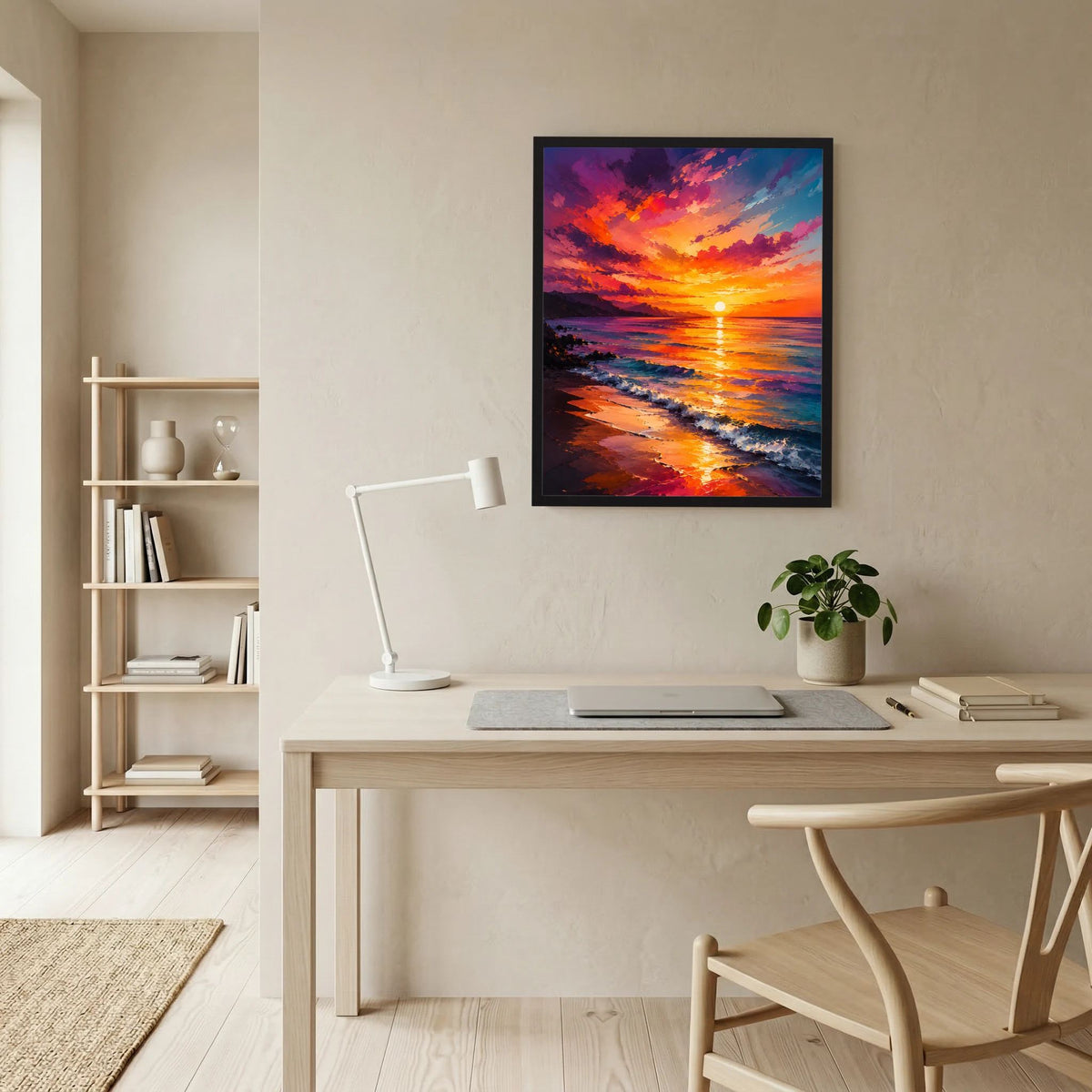 Gerahmtes Kunstposter im Hochformat mit Sonnenuntergang am Meer, orangefarbene Lichtreflexe