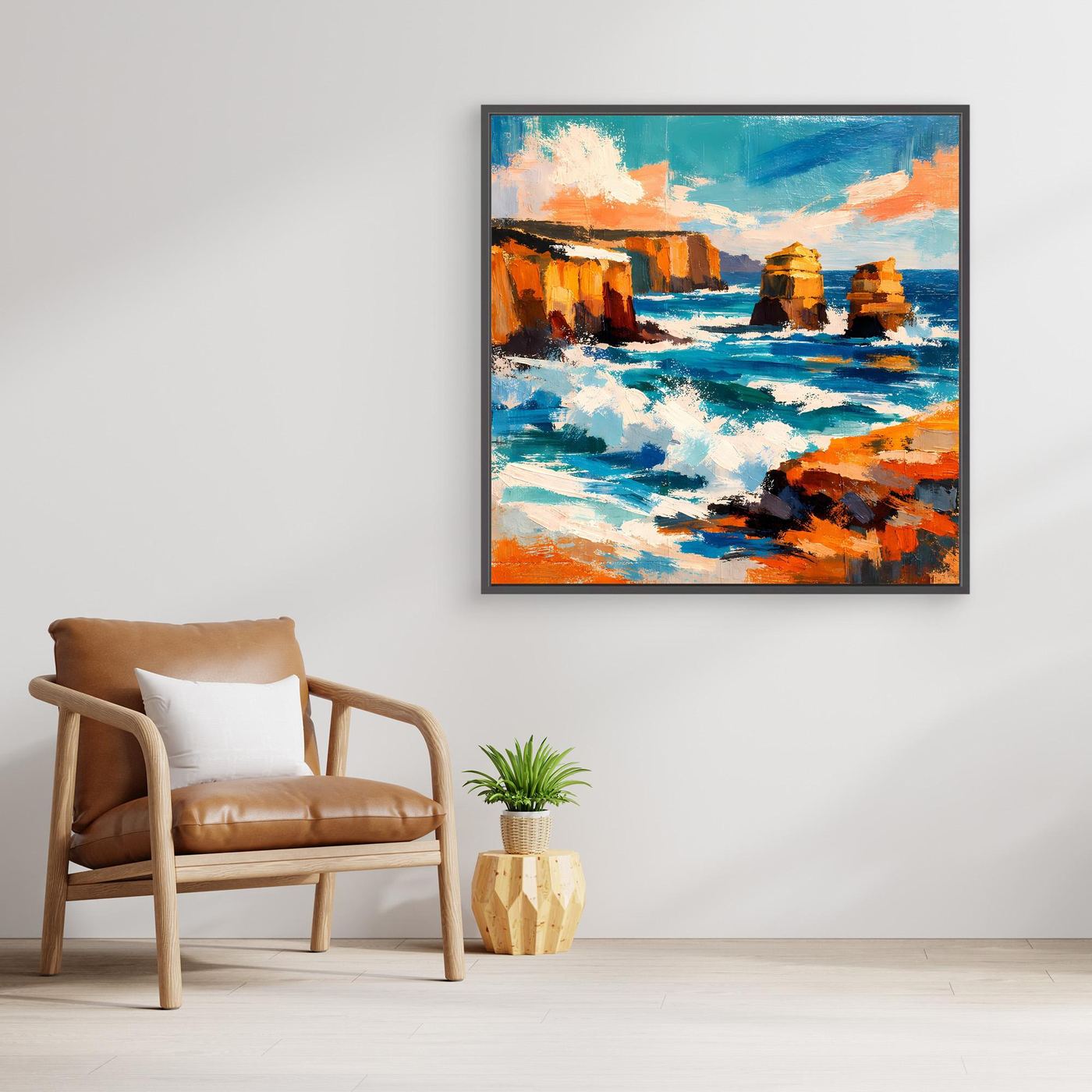Wandbild mit abstraktem Küstenmotiv, blau und Orange, mit dunklem Rahmen