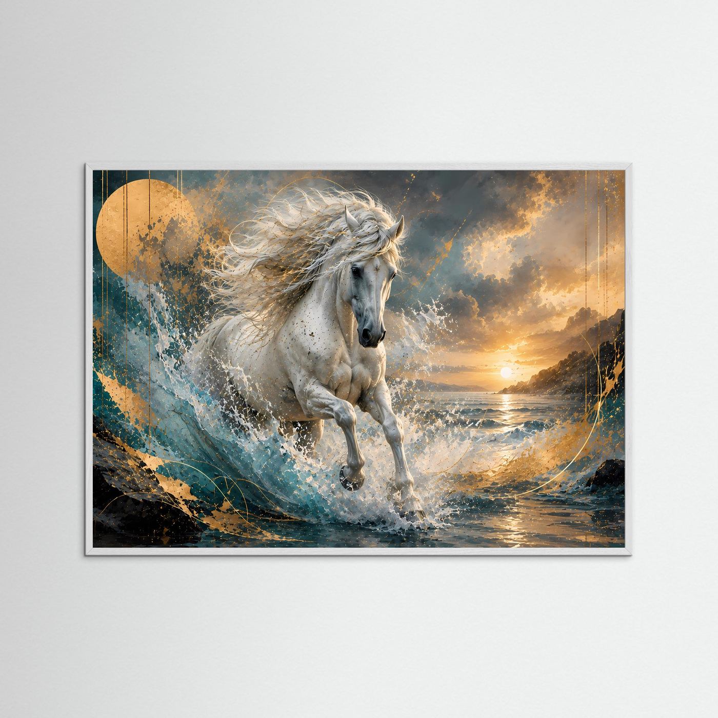 Querformat-Poster: weißes Pferd in Wellen, goldblauer Sonnenuntergang mit weißem Rahmen