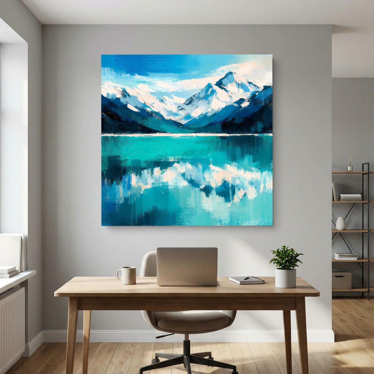 Leinwand Abstraktes Bergsee Gemälde | Modernes Alpines Wandbild Türkis Blau