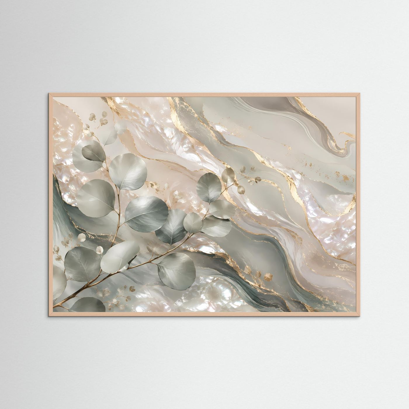 Eukalyptus-Poster mit rosafarbenem Holzrahmen in Creme, Salbeigrün und Goldakzenten, Querformat