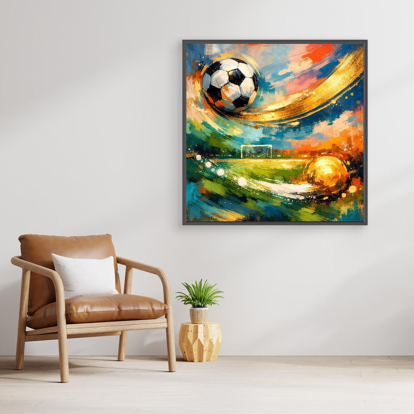 Abstraktes Leinwandbild mit Fußball und Tor, kräftige Pinselstriche, goldene Farbakzente