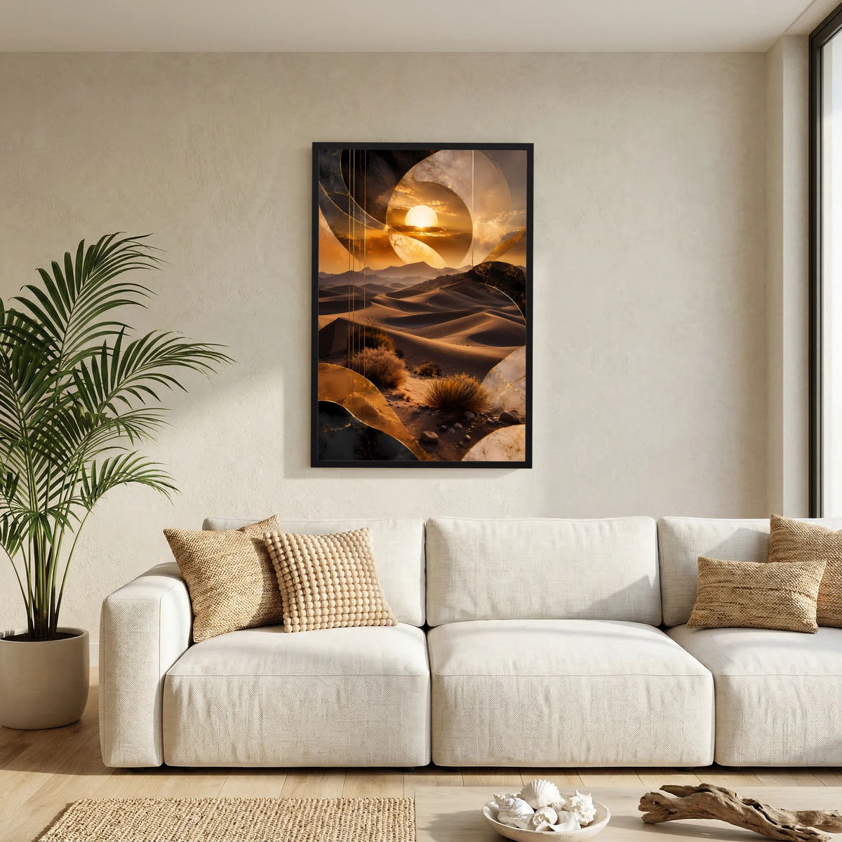 Gerahmtes Poster im Hochformat mit goldenem Wüsten-Sonnenuntergang und Sanddünen, abstrakt