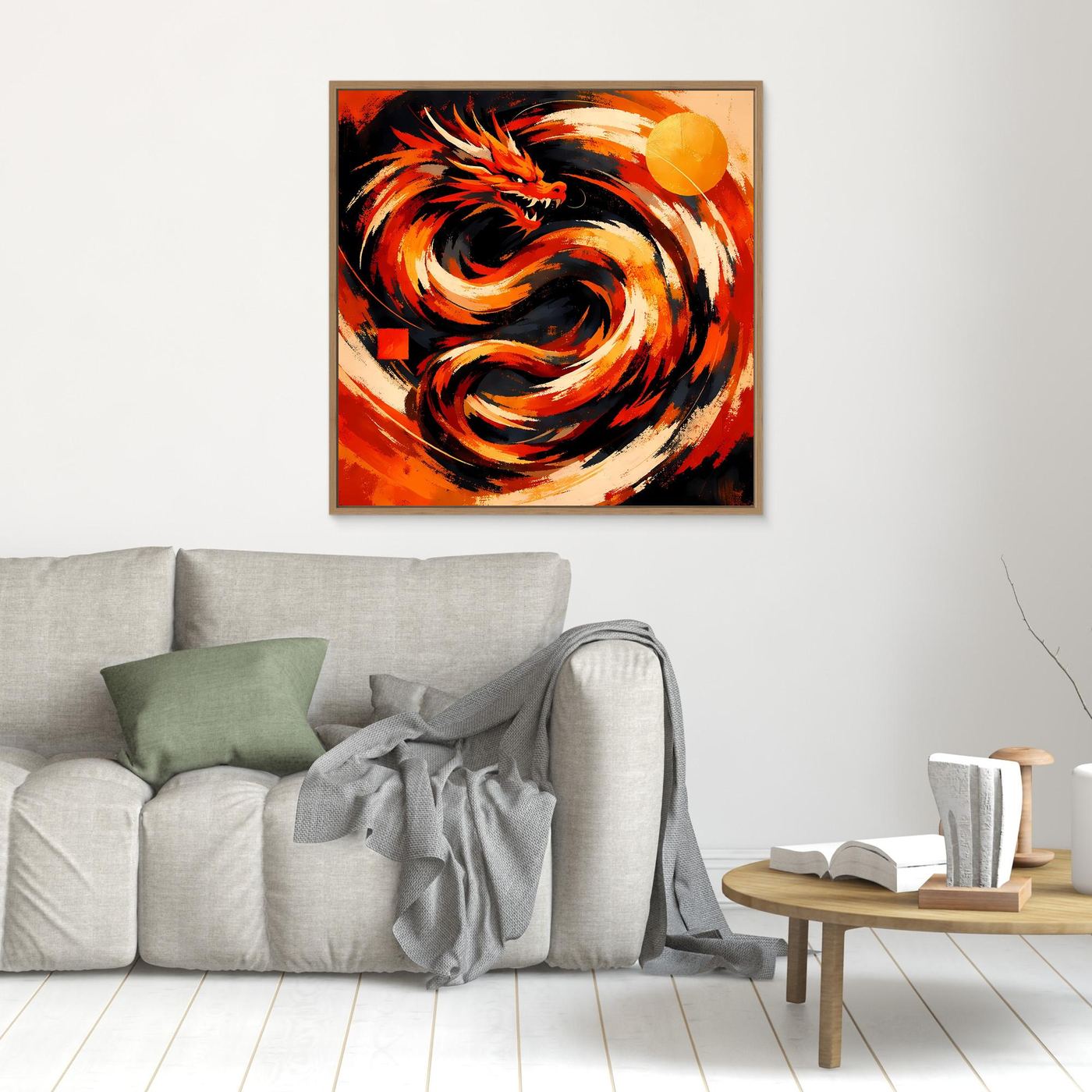 Kleines gerahmtes Leinwand-Wandbild mit rotem Drachenkopf und orange-gelben Flammen