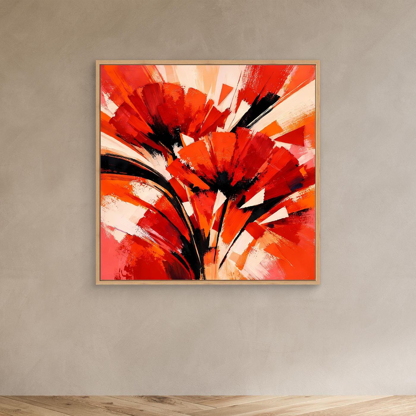 Abstraktes Leinwandbild mit Mohnblüten in Rot/Orange, im Holzrahmen