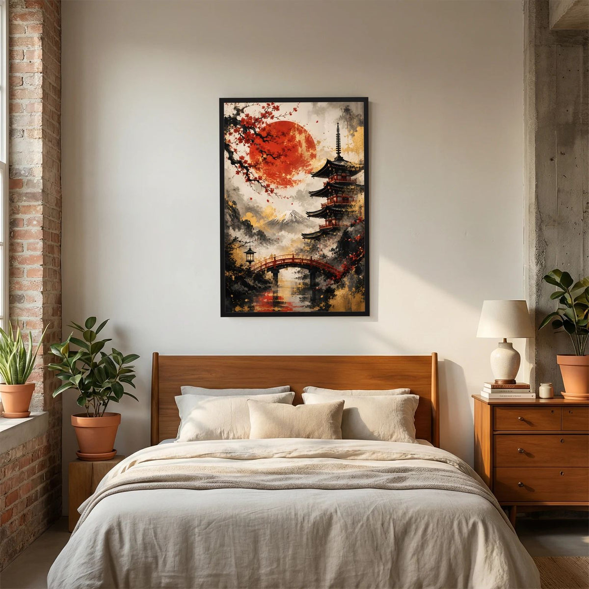 Wandbild im schwarzen Rahmen mit Pagode, roter Sonne, Kirschblüten und Brücke