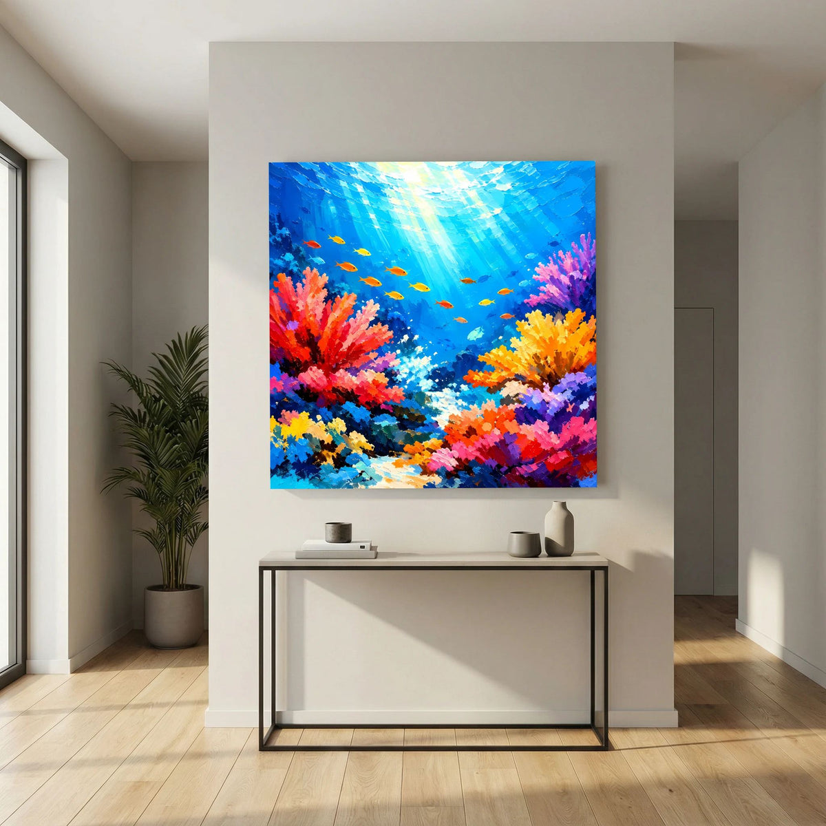 Quadratisches Leinwandbild mit abstraktem Korallenriff, bunten Fischen und Lichtstrahlen im Blau