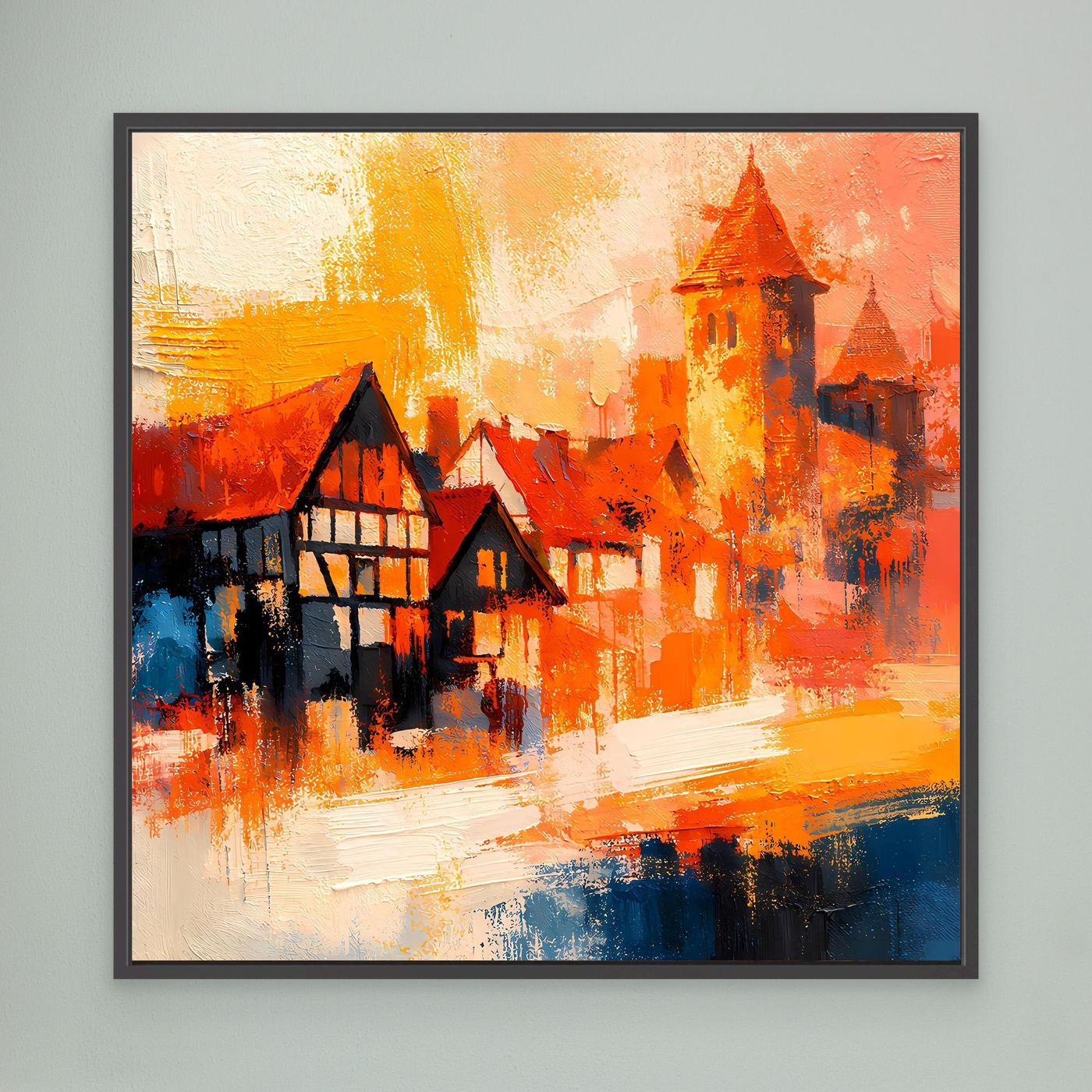 Premium Leinwand Romantische Altstadt im Farbenrausch | Modernes Fachwerk Wandbild abstrakt