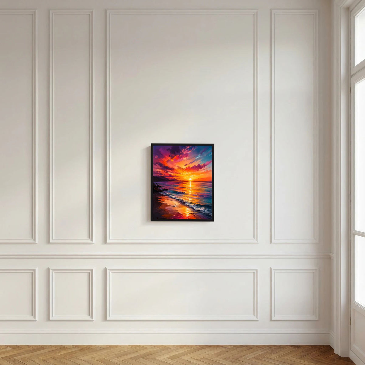 Gerahmtes Kunstposter im Hochformat: Sonnenuntergang am Meer mit orange-violettem Himmel