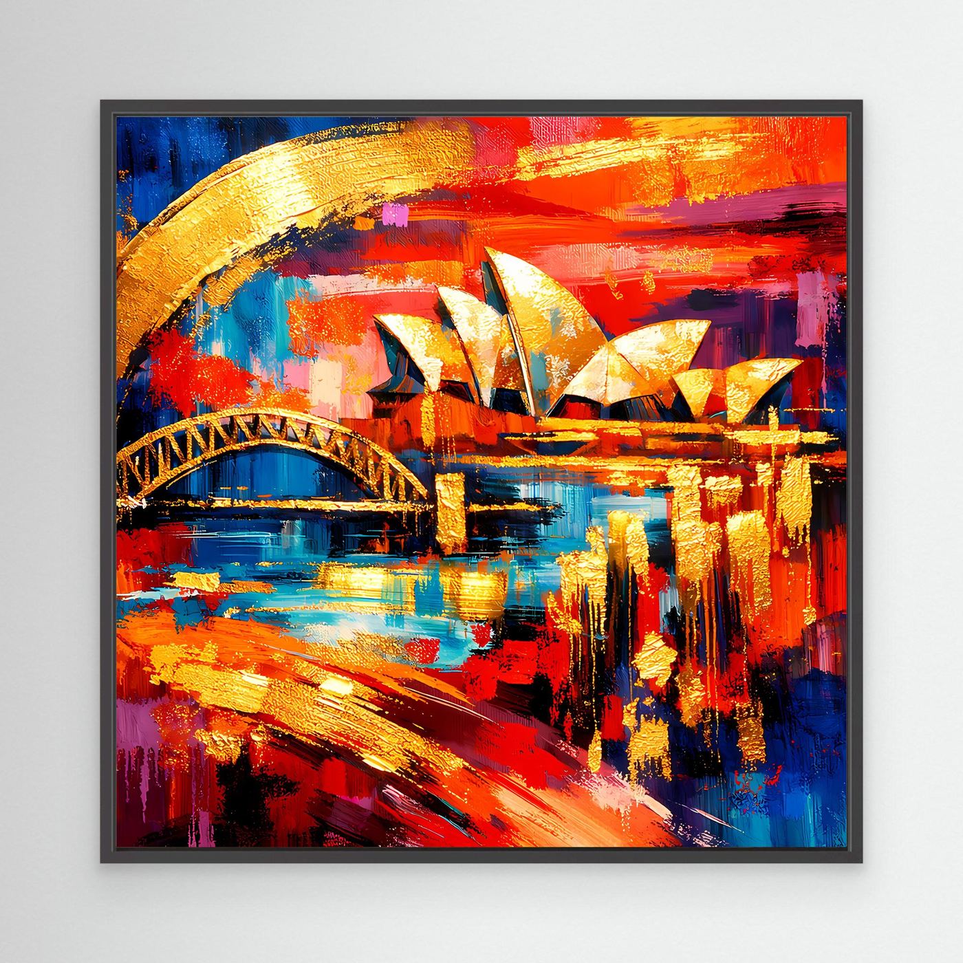 Leinwandbild im schwarzen Rahmen mit abstrakter Skyline, Opernhaus-Segeln und Brücke, bunt