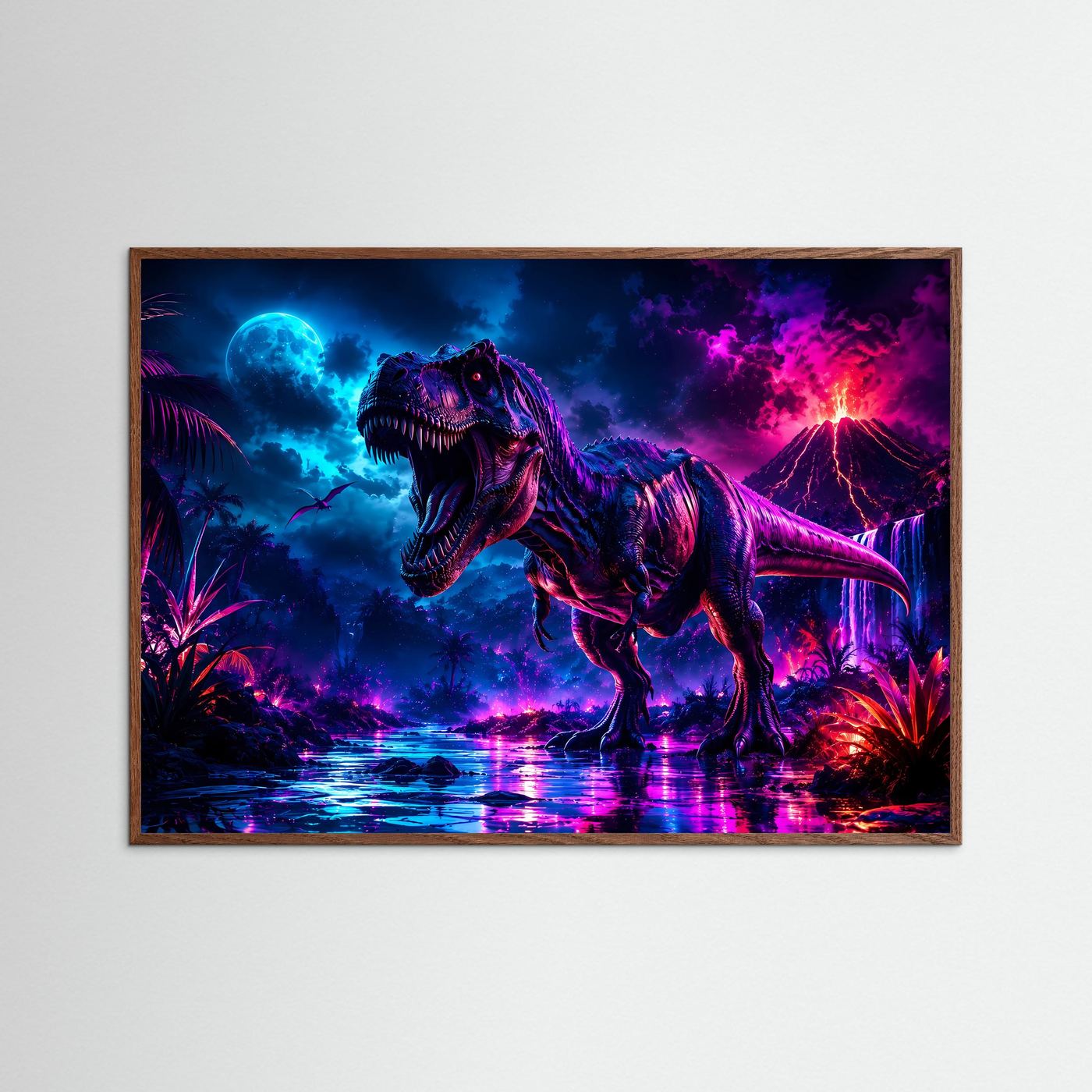 T-Rex Neon Nacht | Dinosaurier mit Vulkan & Mond
