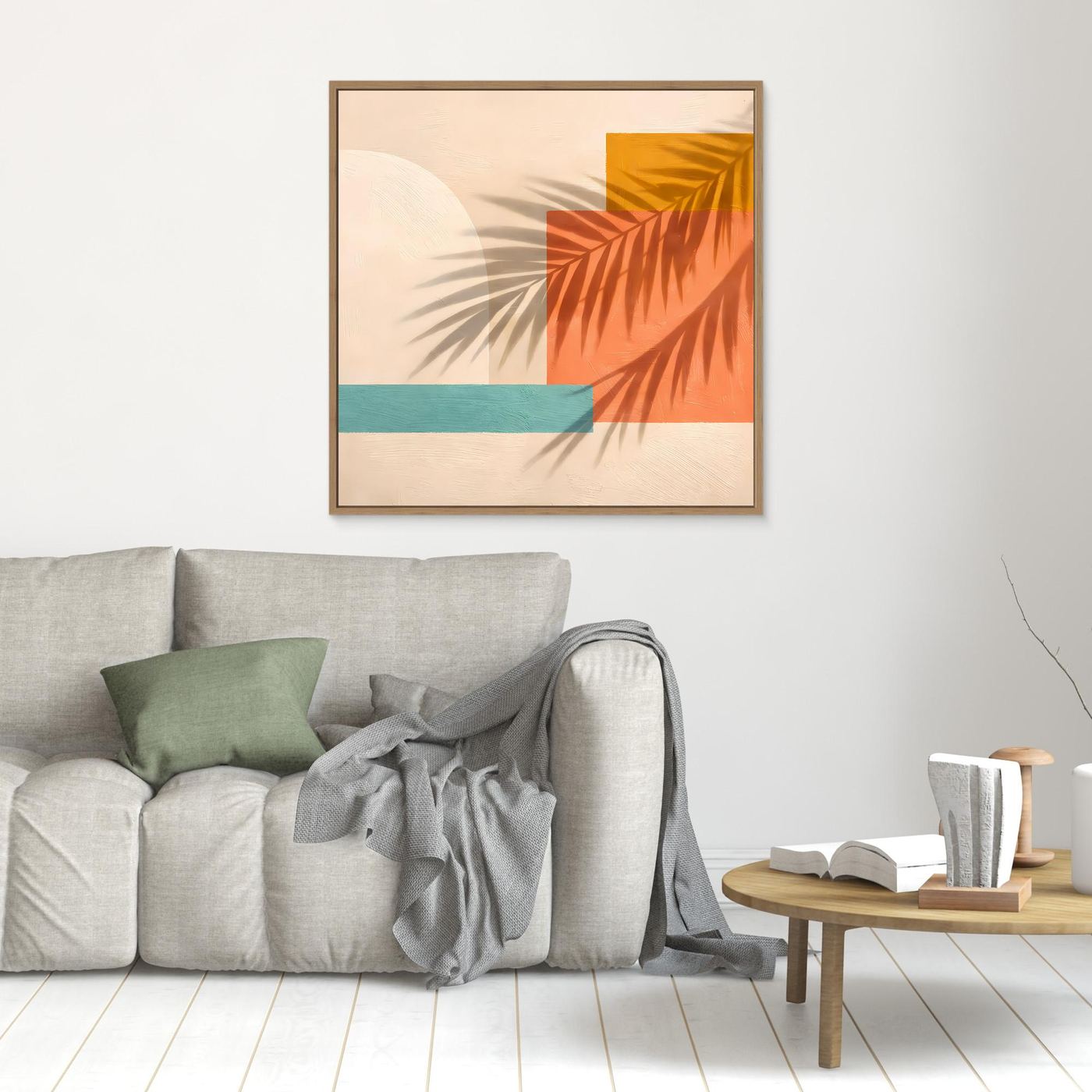 Leinwand Abstrakte Geometrie mit Palmenschatten | Modernes Boho Wandbild Terracotta
