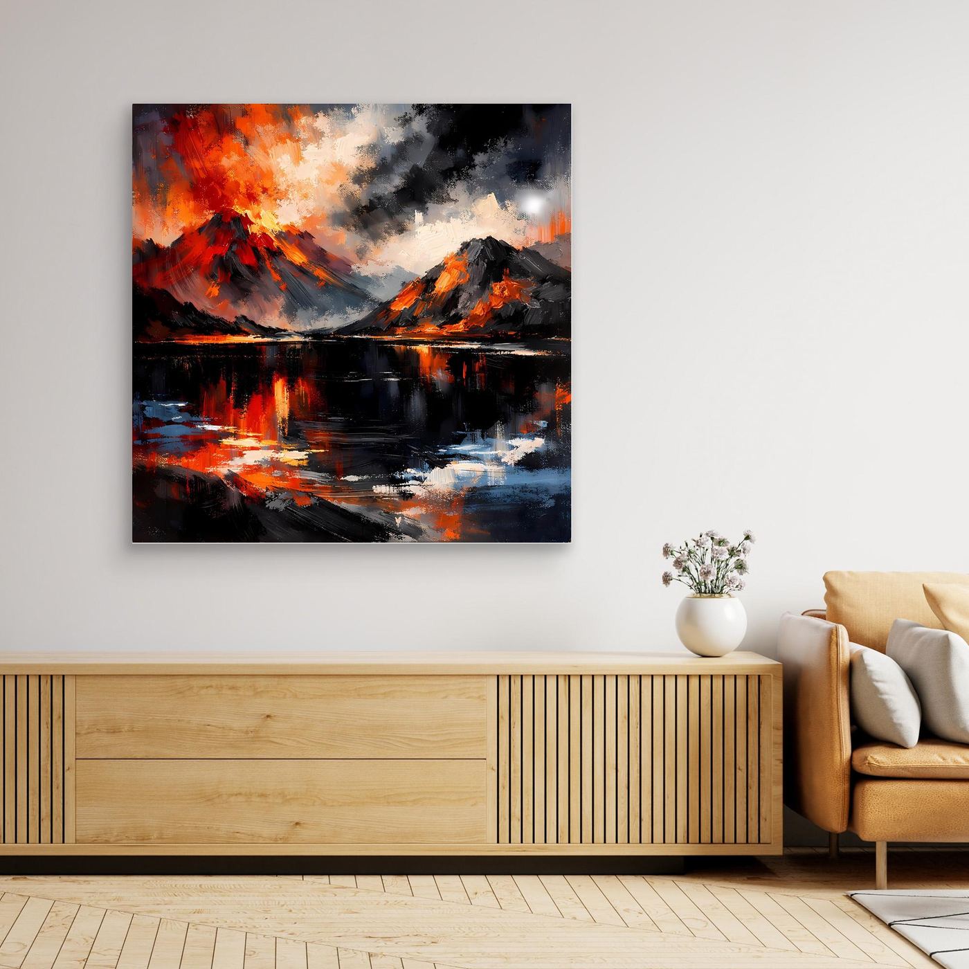Abstraktes Vulkan-Wandbild mit See und Lava, dunkler Rahmen