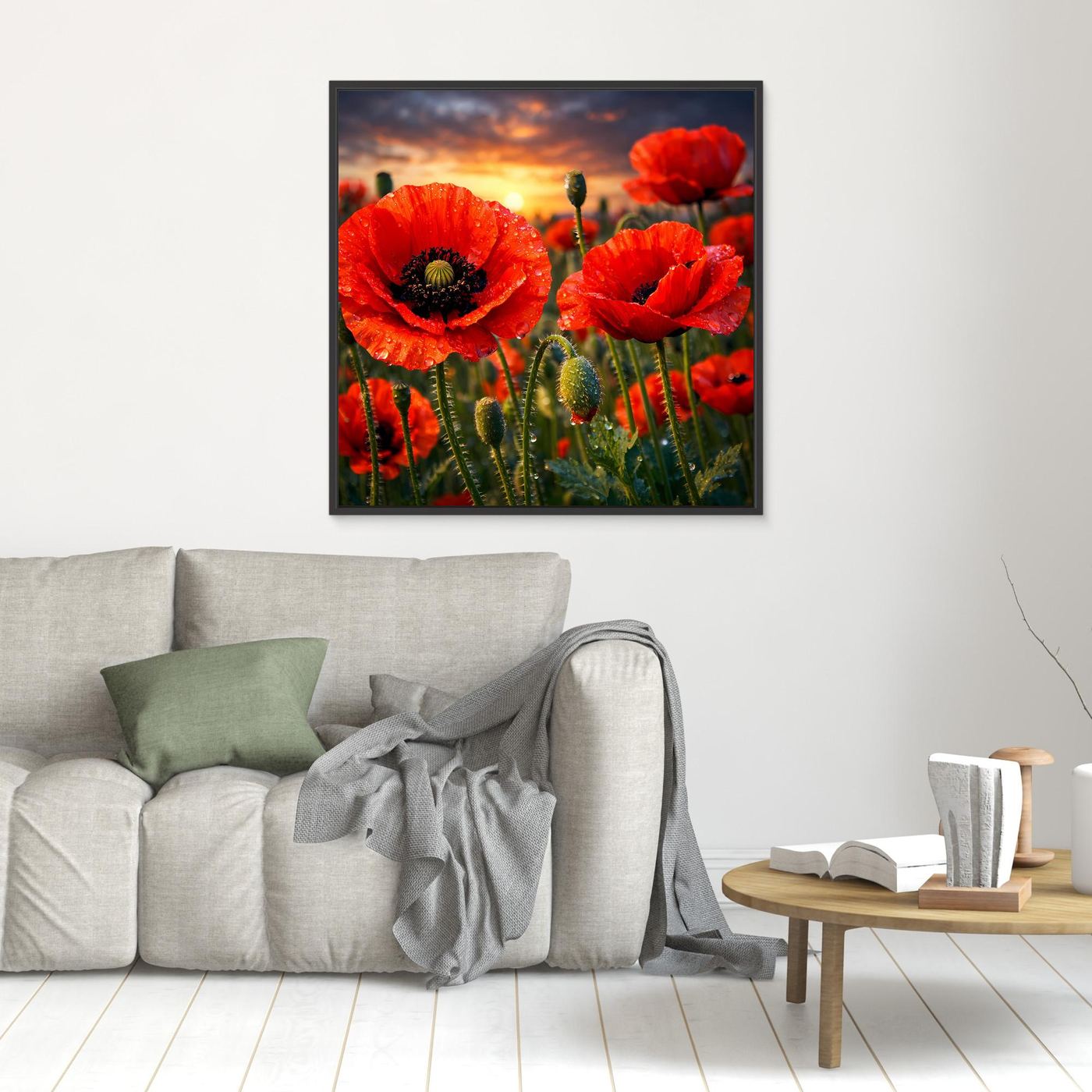 Kleines gerahmtes Leinwandbild mit rotem Klatschmohn im Abendhimmel, dunkler Rahmen