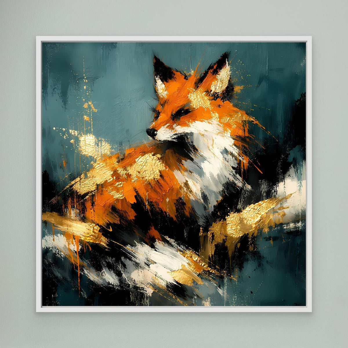 Leinwandbild mit abstraktem Fuchs in Orange, Weiß und Gold, türkis, weißer Rahmen