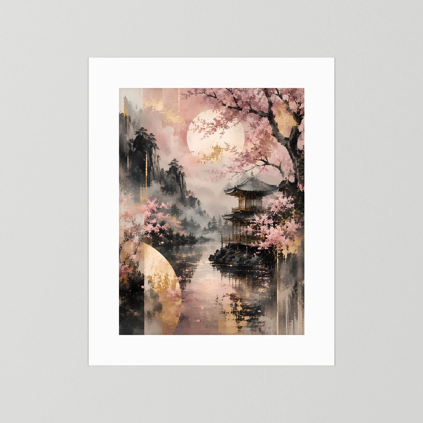 Hochformat-Poster mit Kirschblüten und Tempel am See, ohne Rahmen