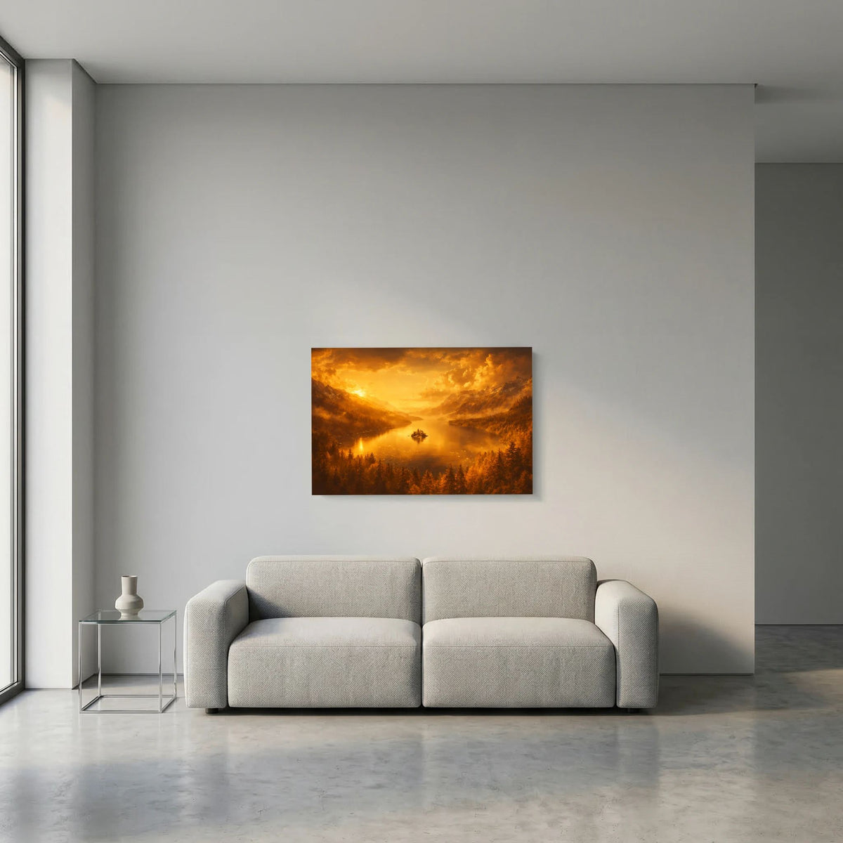 Kleines Wandbild mit goldenem Bergsee im Sonnenuntergang über Sofa