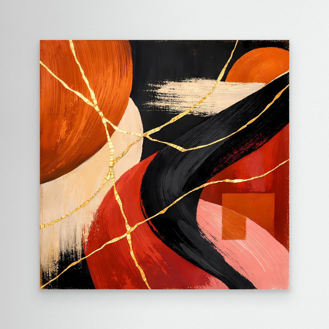 Abstraktes Leinwandbild mit roten, schwarzen Formen und goldenen Risslinien