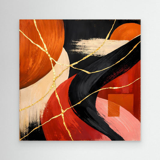 Abstraktes Leinwandbild mit roten, schwarzen Formen und goldenen Risslinien