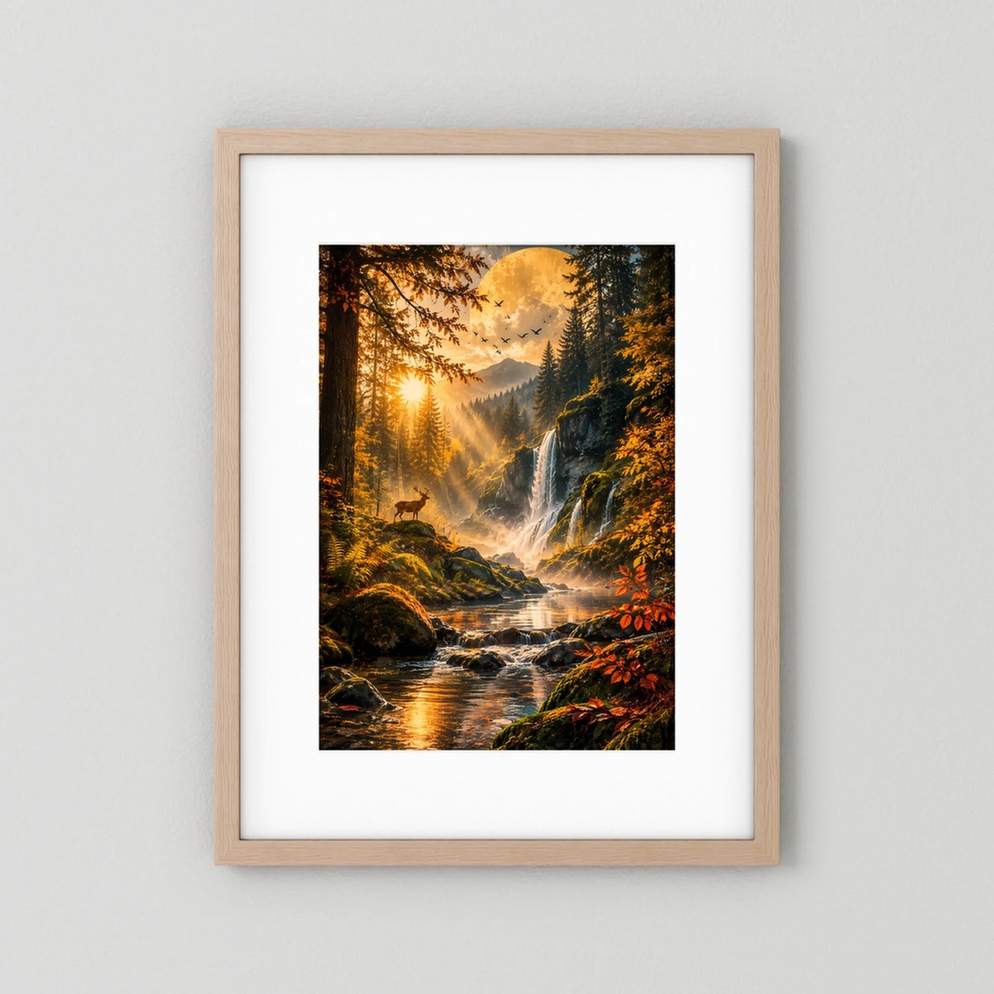 Hochformatiges Herbstposter mit Wasserfall, Fluss und Hirsch in hellem Holzrahmen
