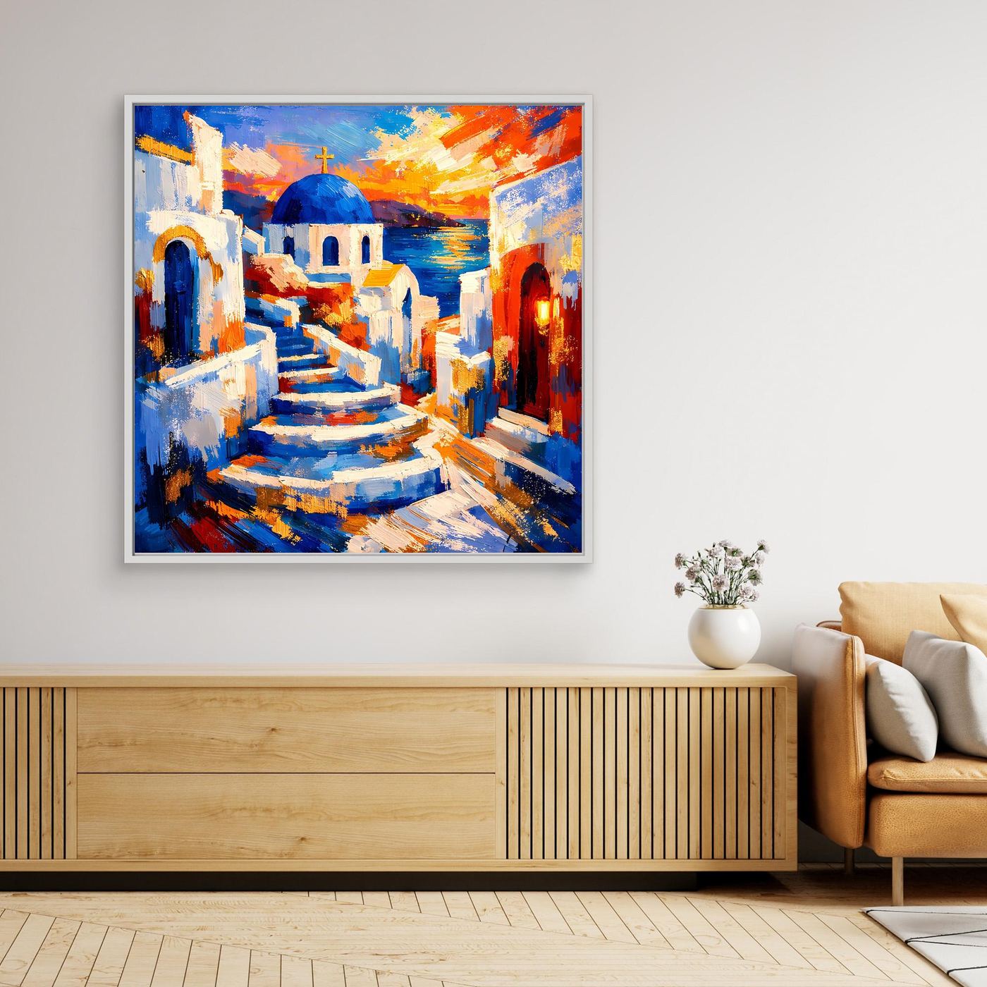 Gerahmtes Leinwandbild mit abstrakter Santorin-Gasse, weißem Rahmen, Blau und Orange