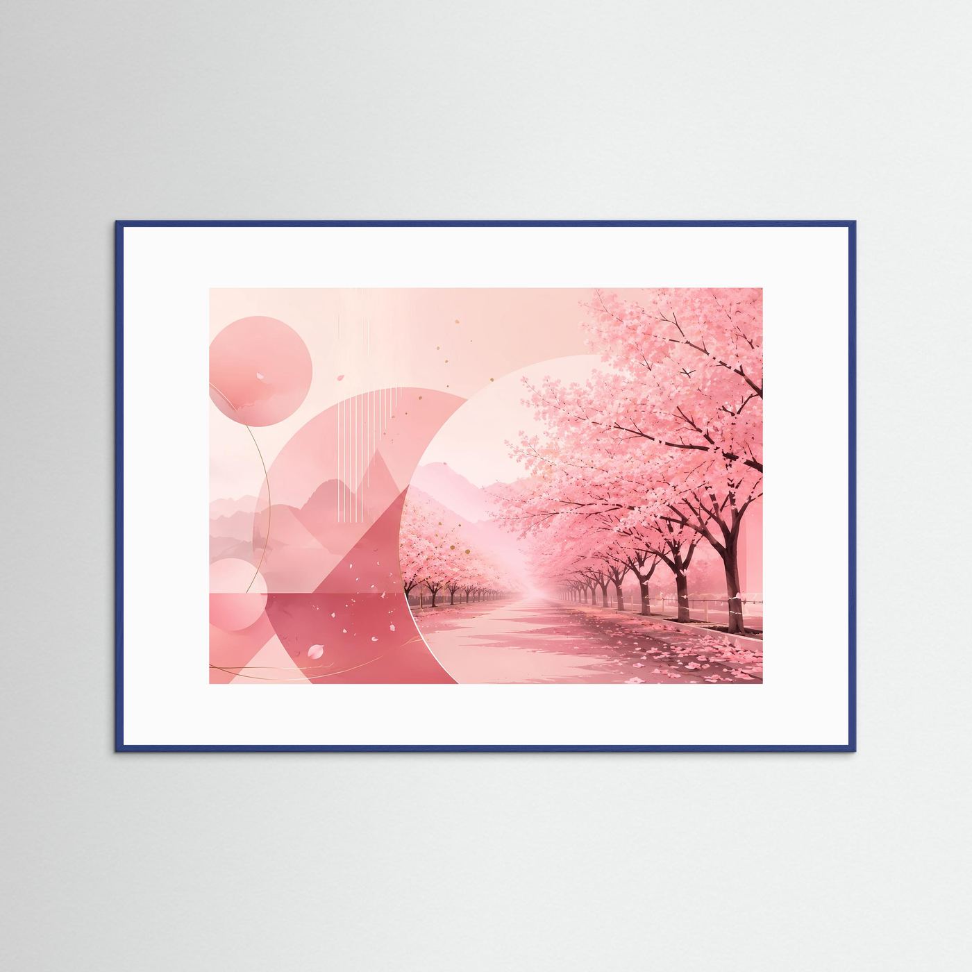 Querformat-Poster mit rosafarbener Kirschblütenallee im Landschaftsmotiv, blauer Holzrahmen