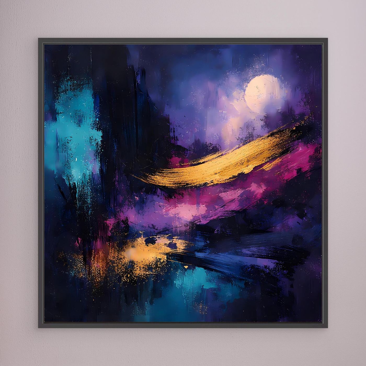 Abstraktes Leinwand-Wandbild mit schwarzem Rahmen, violette Nachtlandschaft mit Mondlicht.