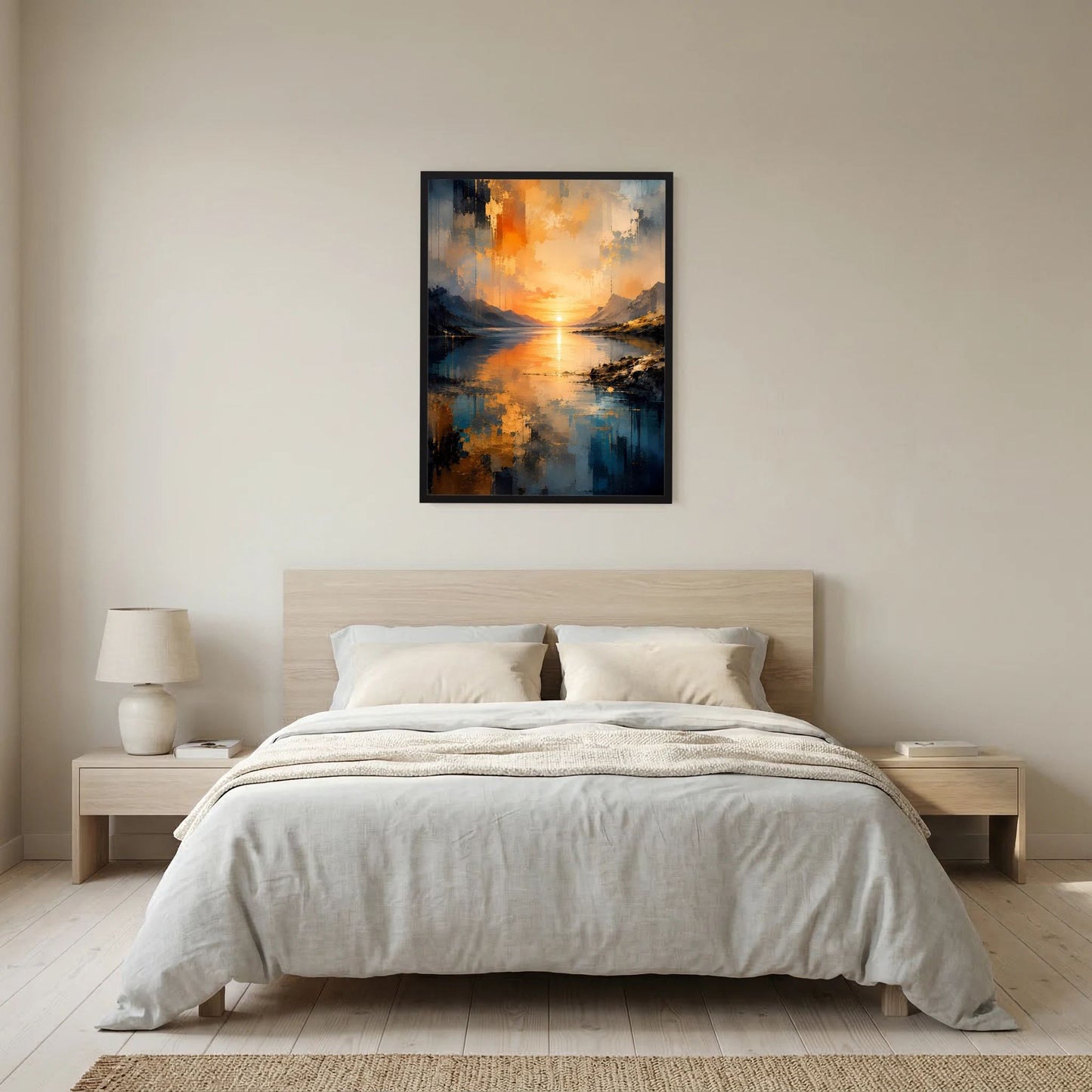 Gerahmtes Poster (Hochformat) mit abstrakter Berglandschaft am See, oranger Sonnenuntergang