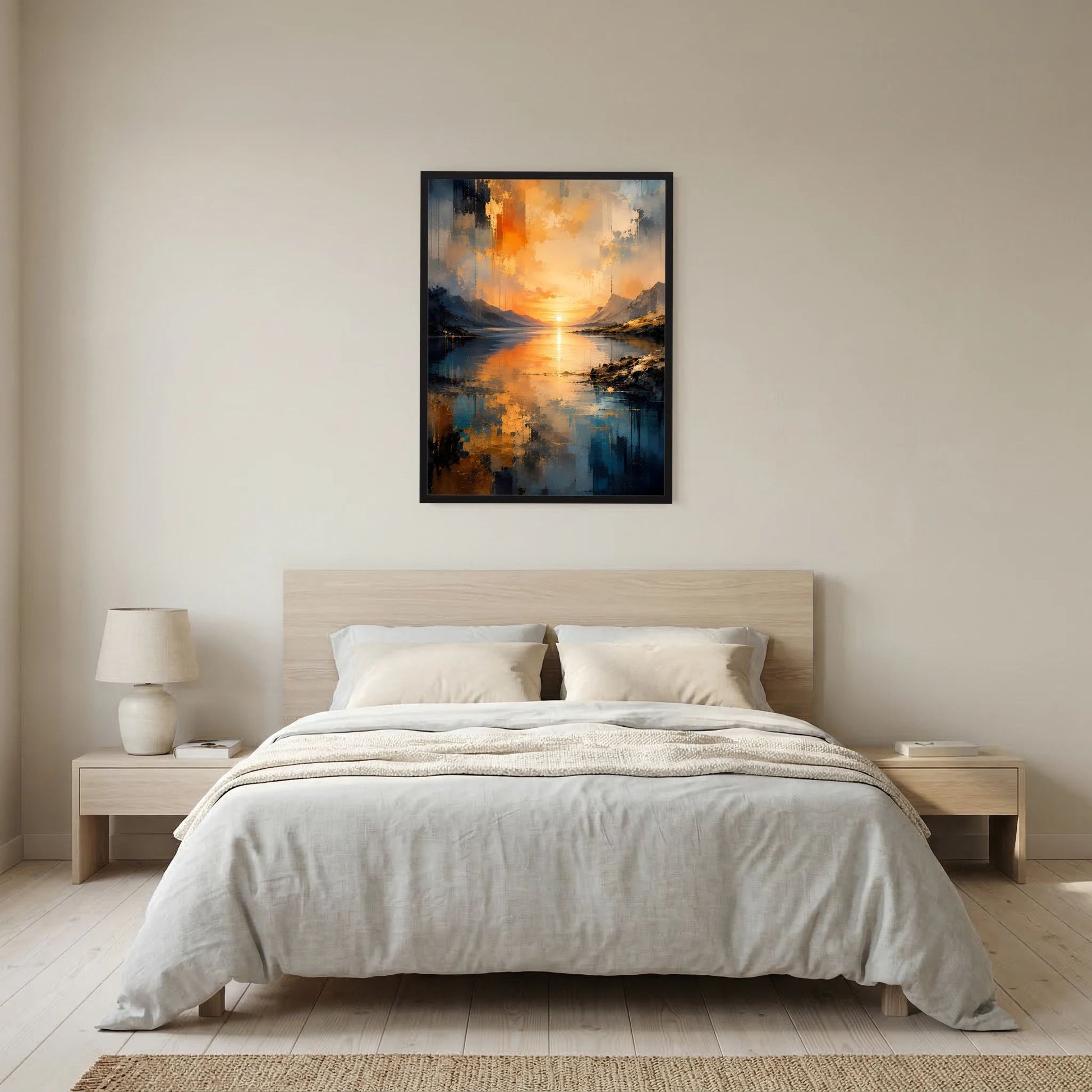 Gerahmtes Poster (Hochformat) mit abstrakter Berglandschaft am See, oranger Sonnenuntergang
