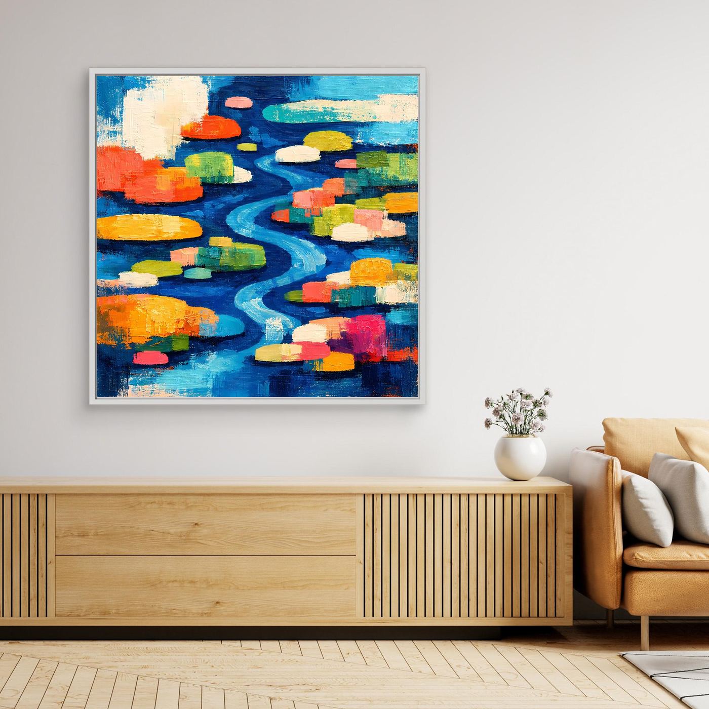 Abstraktes Wandbild mit Seerosenteich und Flusslauf, farbig, schwarzer Rahmen