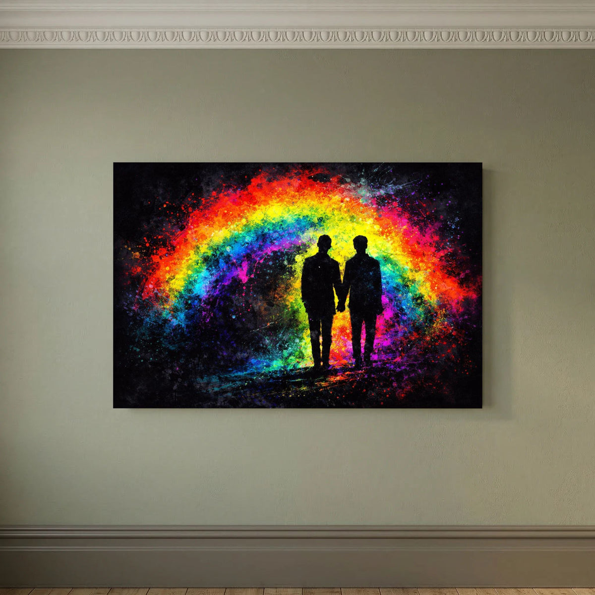 Wandbild im Querformat mit Regenbogenbogen und zwei stehenden Silhouetten