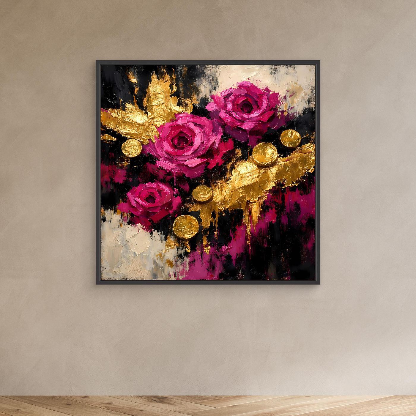 Leinwand Elegante Rosen in Magenta | Abstraktes Blumen Wandbild Gold