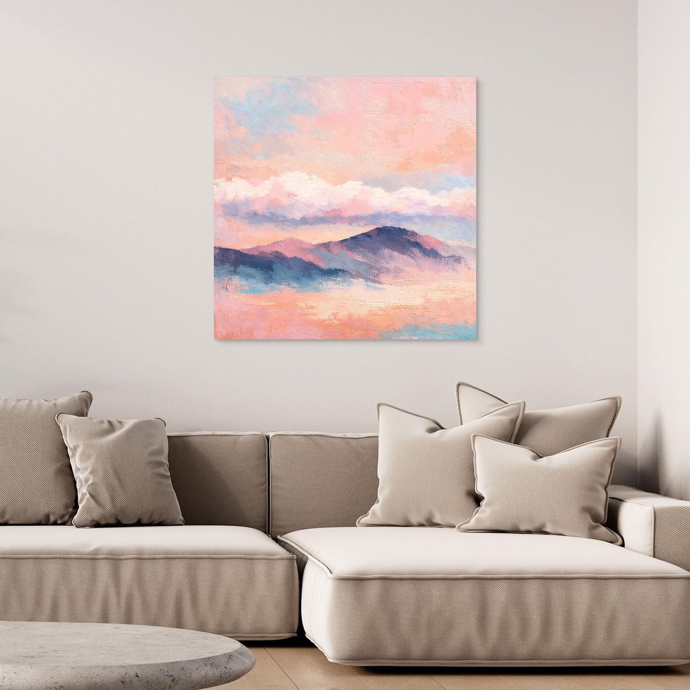 Leinwand-Wandbild mit pastellfarbener Bergkette und wolkigem Himmel, ohne Rahmen