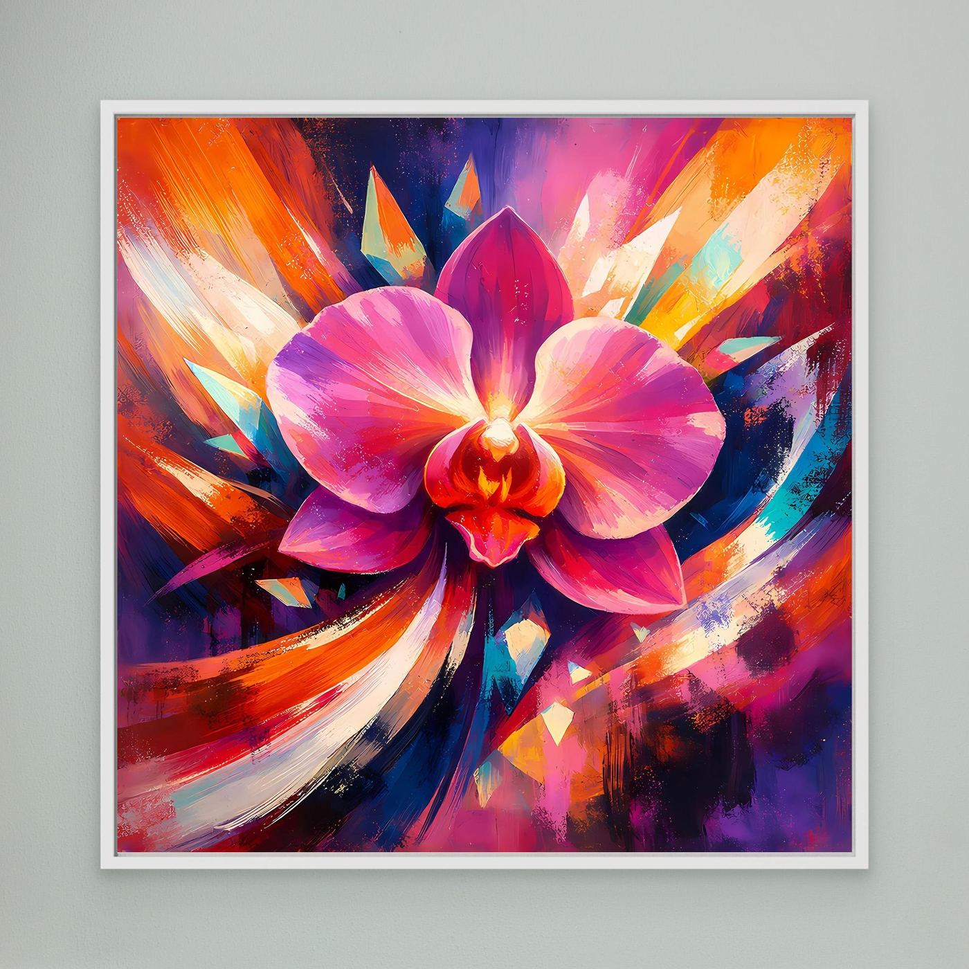 Gerahmtes Leinwandbild mit abstrakter Orchidee in Pink, Lila und Orange, weißer Rahmen.