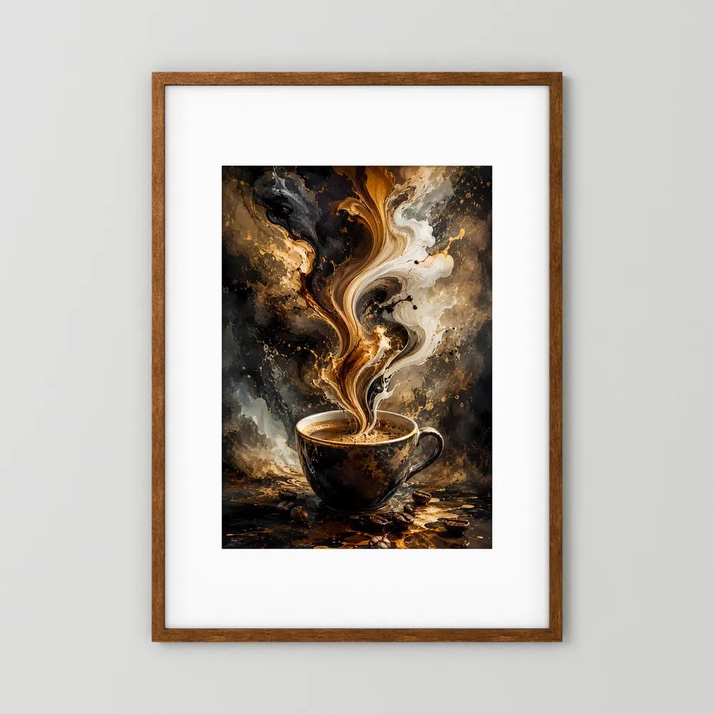 Abstraktes Kaffee-Poster mit Tasse und Gold-Farbwirbel, brauner Holzrahmen