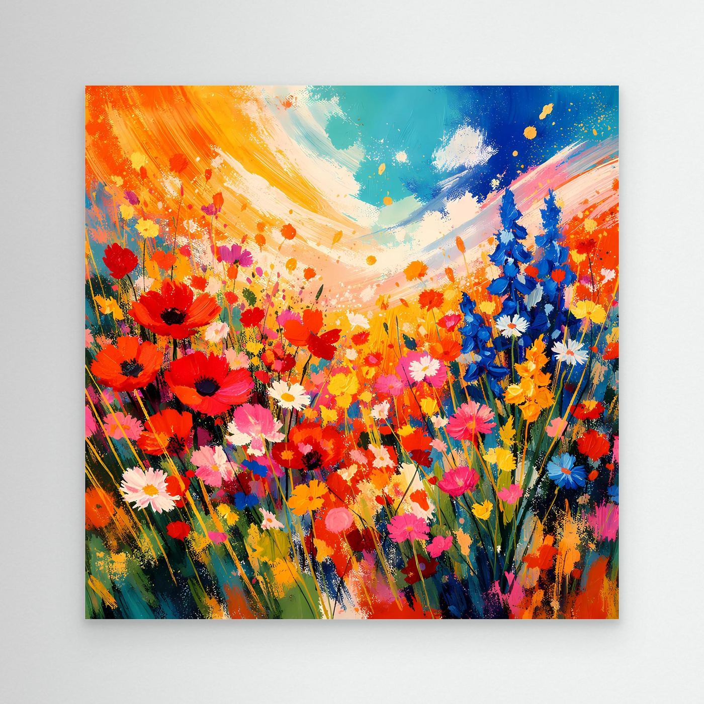 Leinwandbild mit abstrakter bunten Blumenwiese, rote und blaue Blüten, Pinselstriche