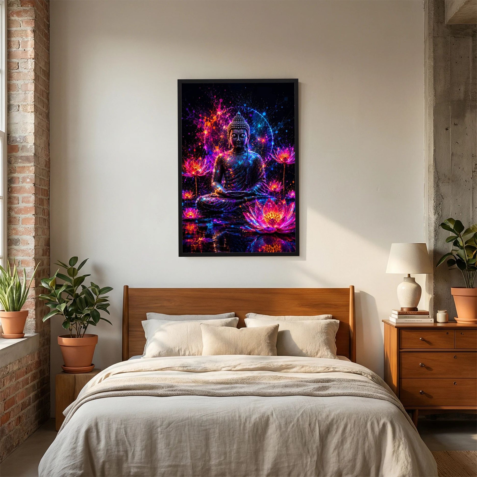 Neon-Buddha-Poster mit Lotusblüten in Pink und Blau, schwarz gerahmt