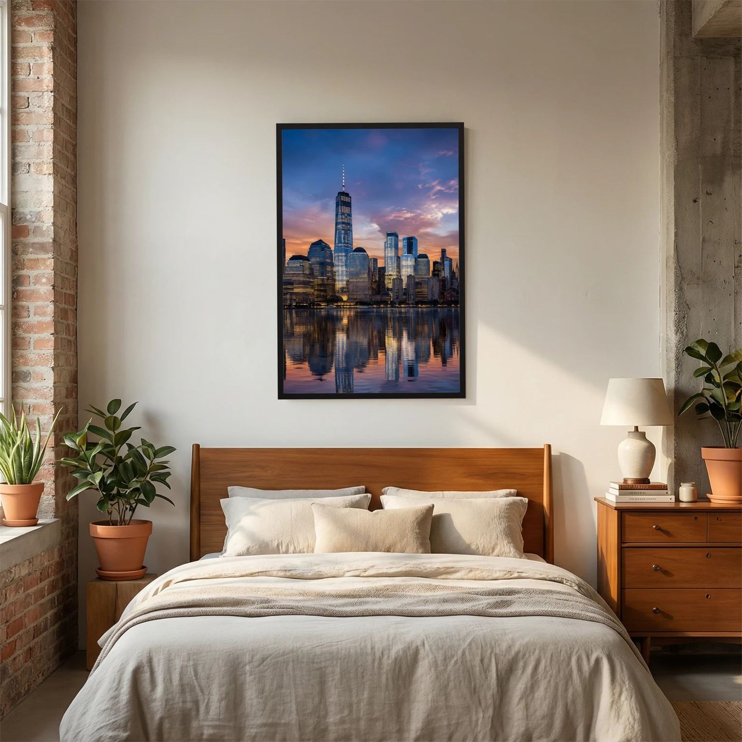 Hochformatiges Skyline-Poster im schwarzen Rahmen, Stadtansicht bei Abendhimmel