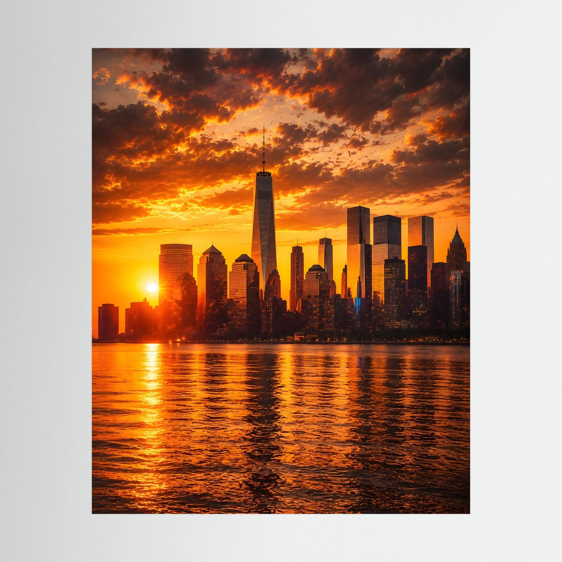 Hochformatiges Poster mit Skyline bei Sonnenuntergang über Wasser, orange und schwarz