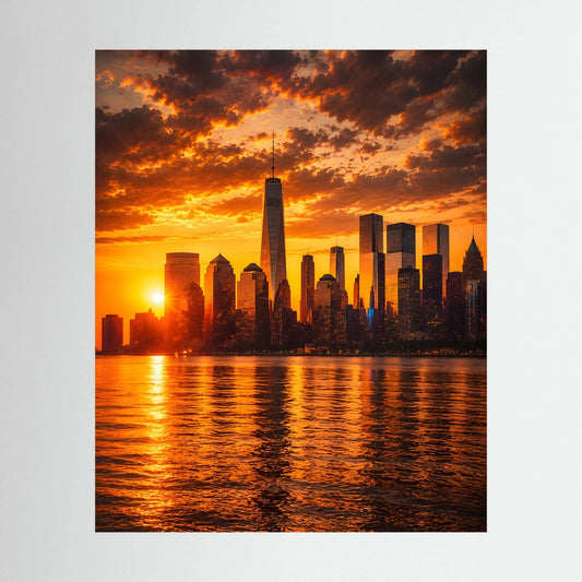 Hochformatiges Poster mit Skyline bei Sonnenuntergang über Wasser, orange und schwarz