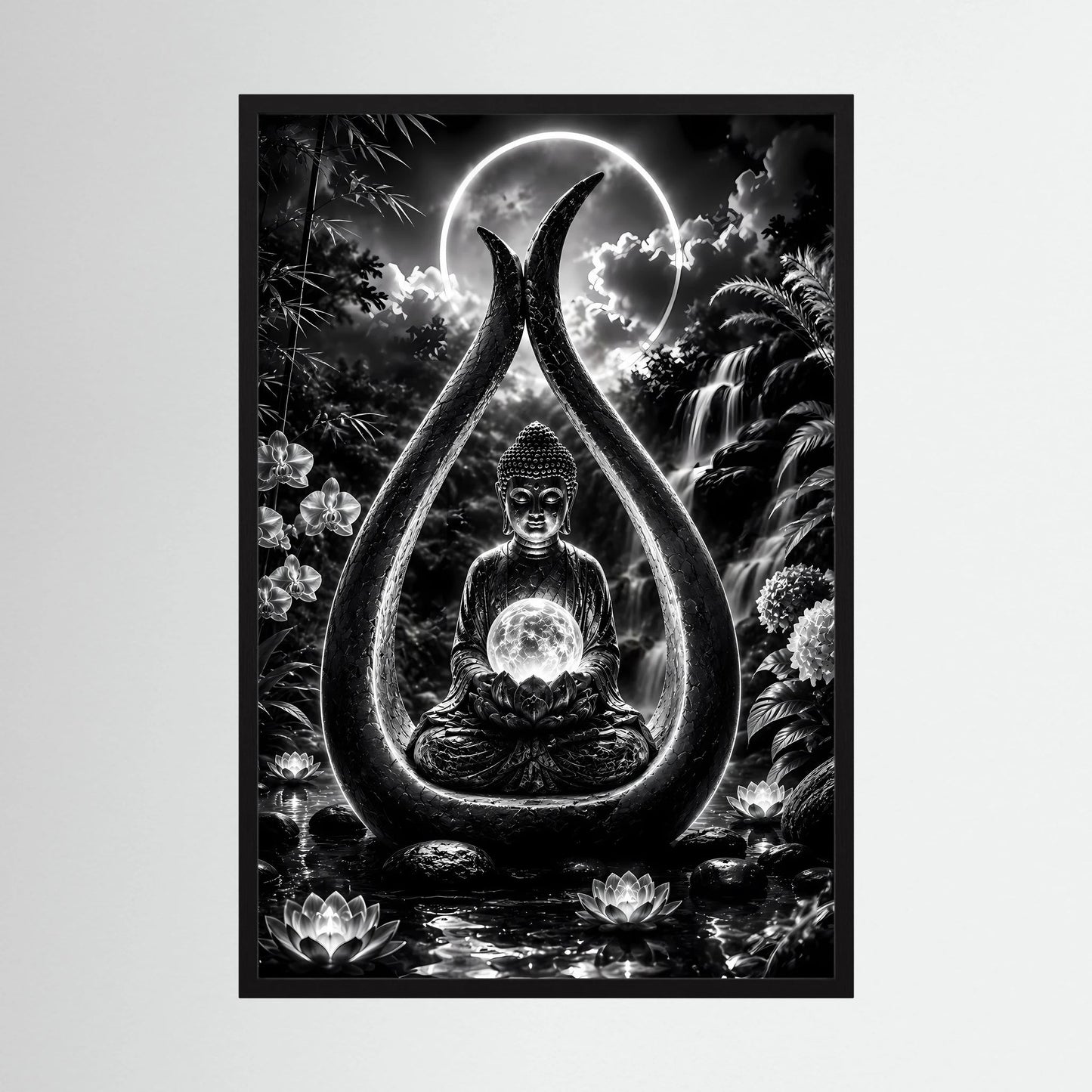Hochformatiges Zen-Poster mit sitzendem Buddha im Tropfen-Motiv, Schwarzweiß, mit schwarzem Rahmen.