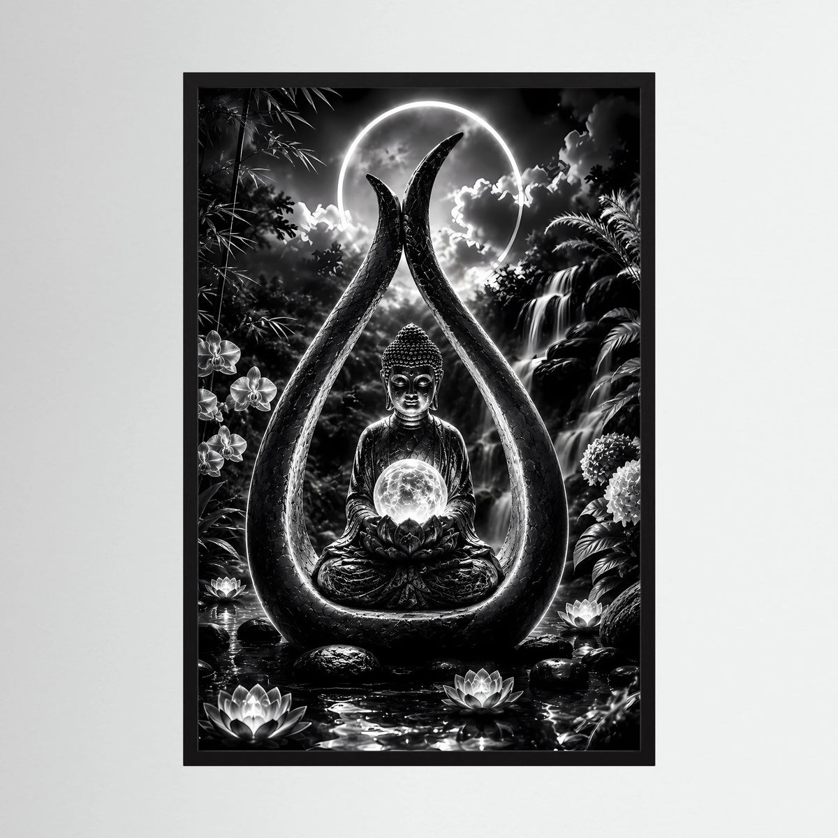 Hochformatiges Zen-Poster mit sitzendem Buddha im Tropfen-Motiv, Schwarzweiß, mit schwarzem Rahmen.